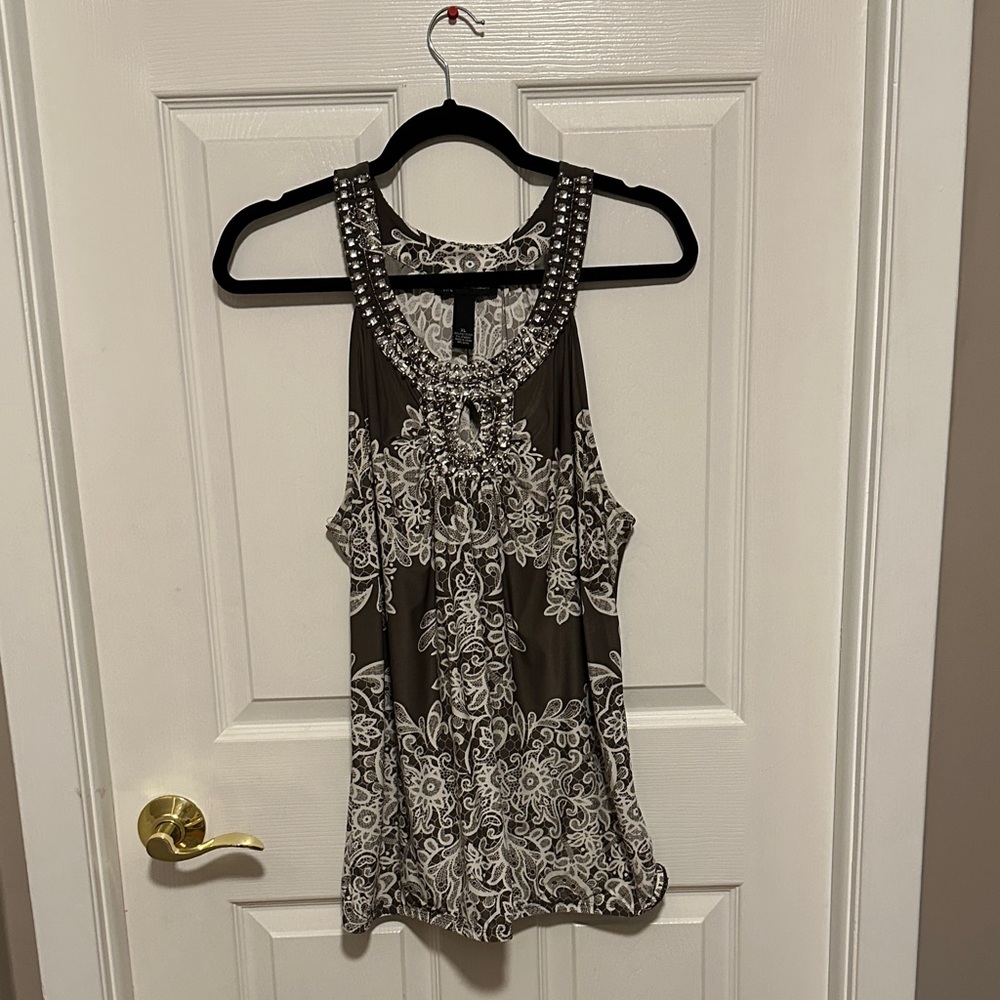 INC International Concepts Gray and White  Blouse with rhinestone neck line